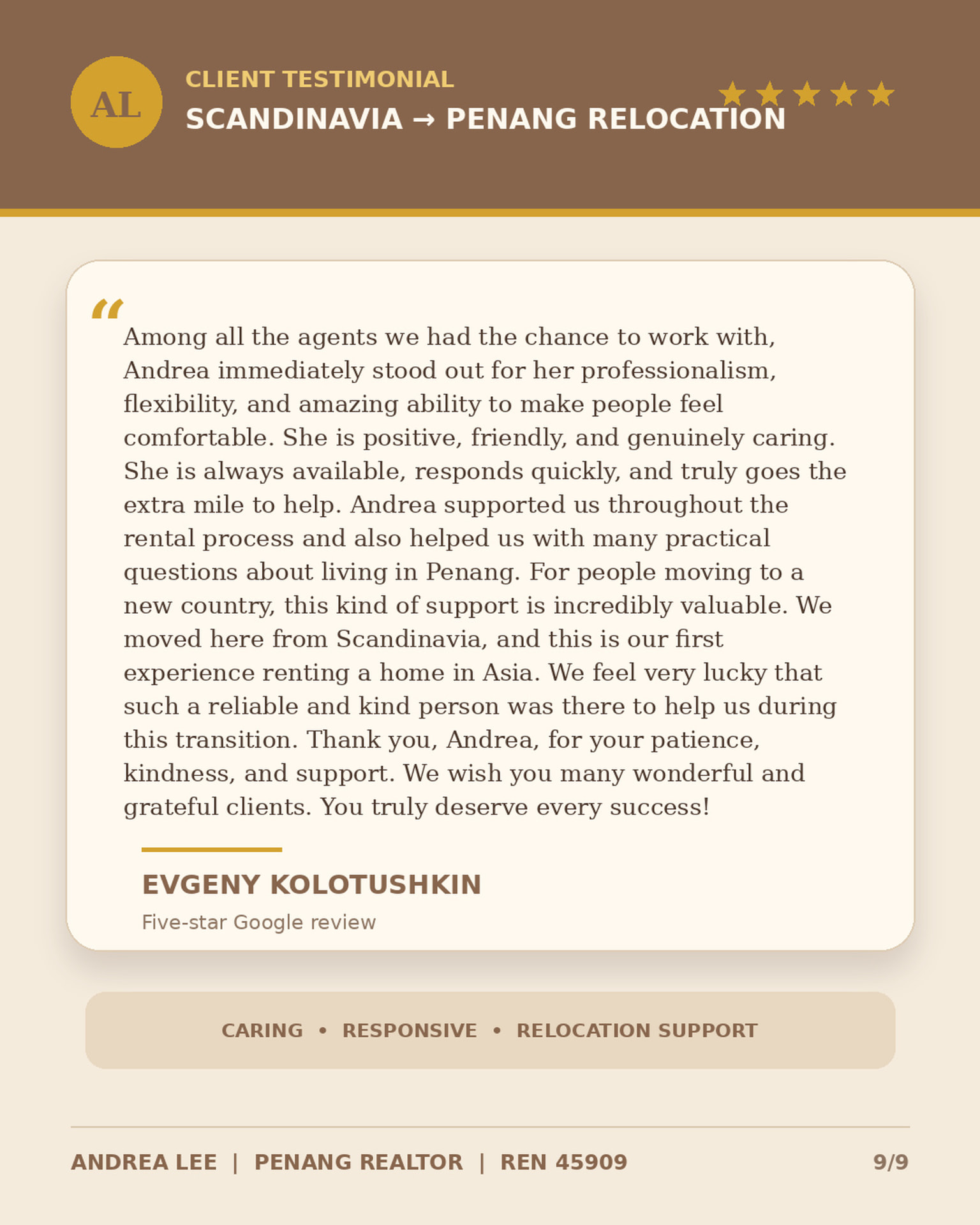 Five-star review from Evgeny Kolotushkin on relocating from Scandinavia to Penang