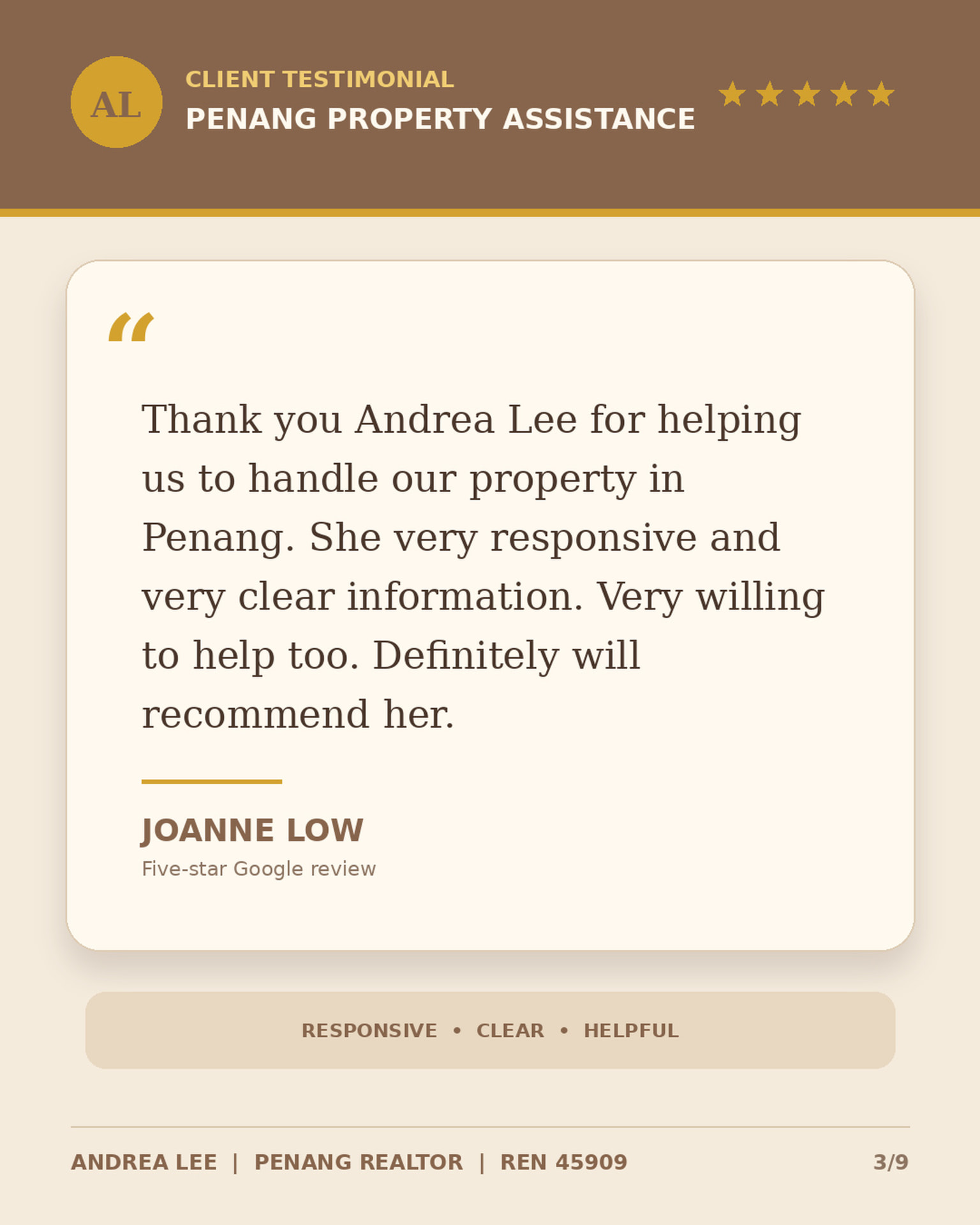 Five-star review from Joanne Low on Penang property assistance