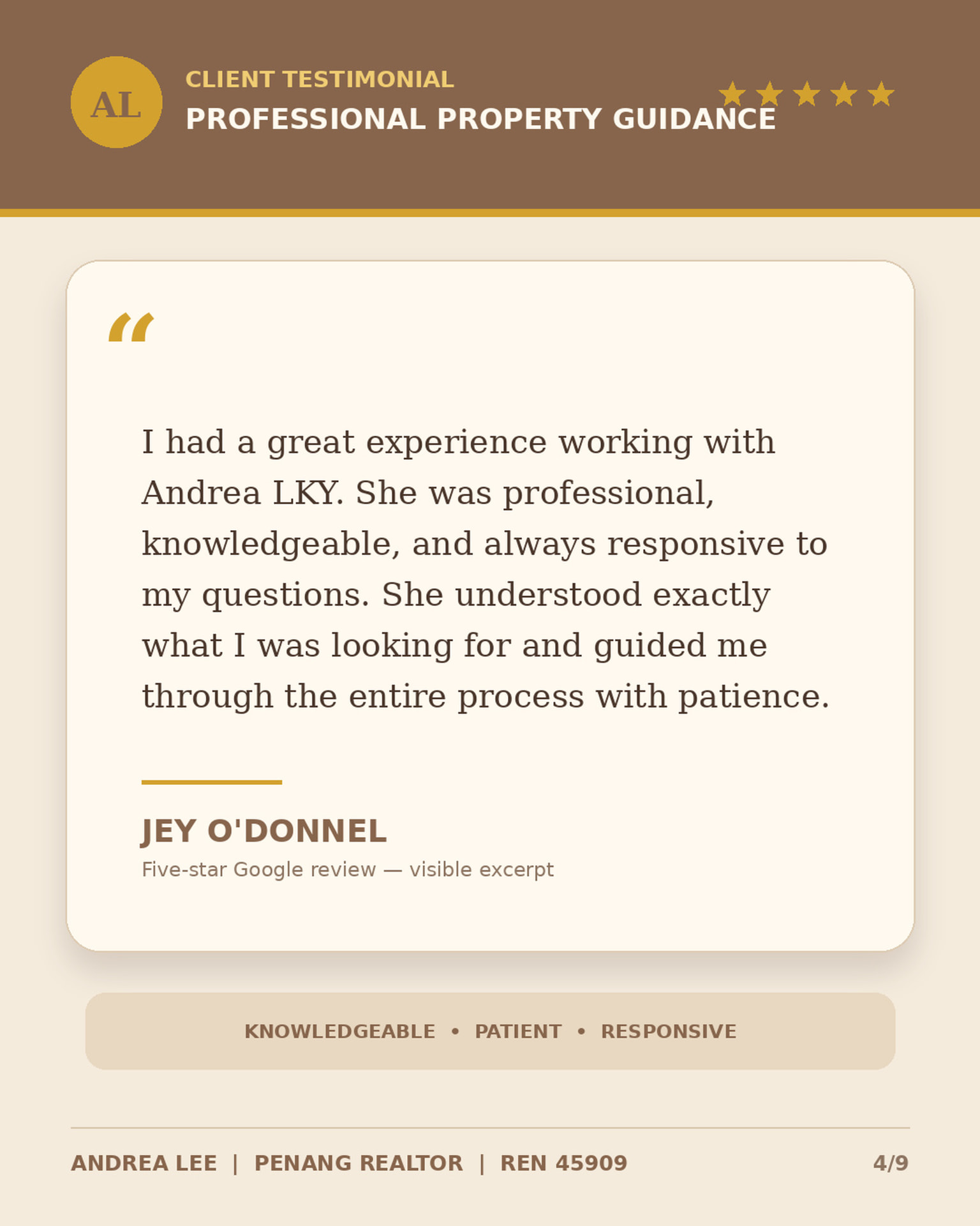 Five-star review from Jey O'Donnel on professional property guidance