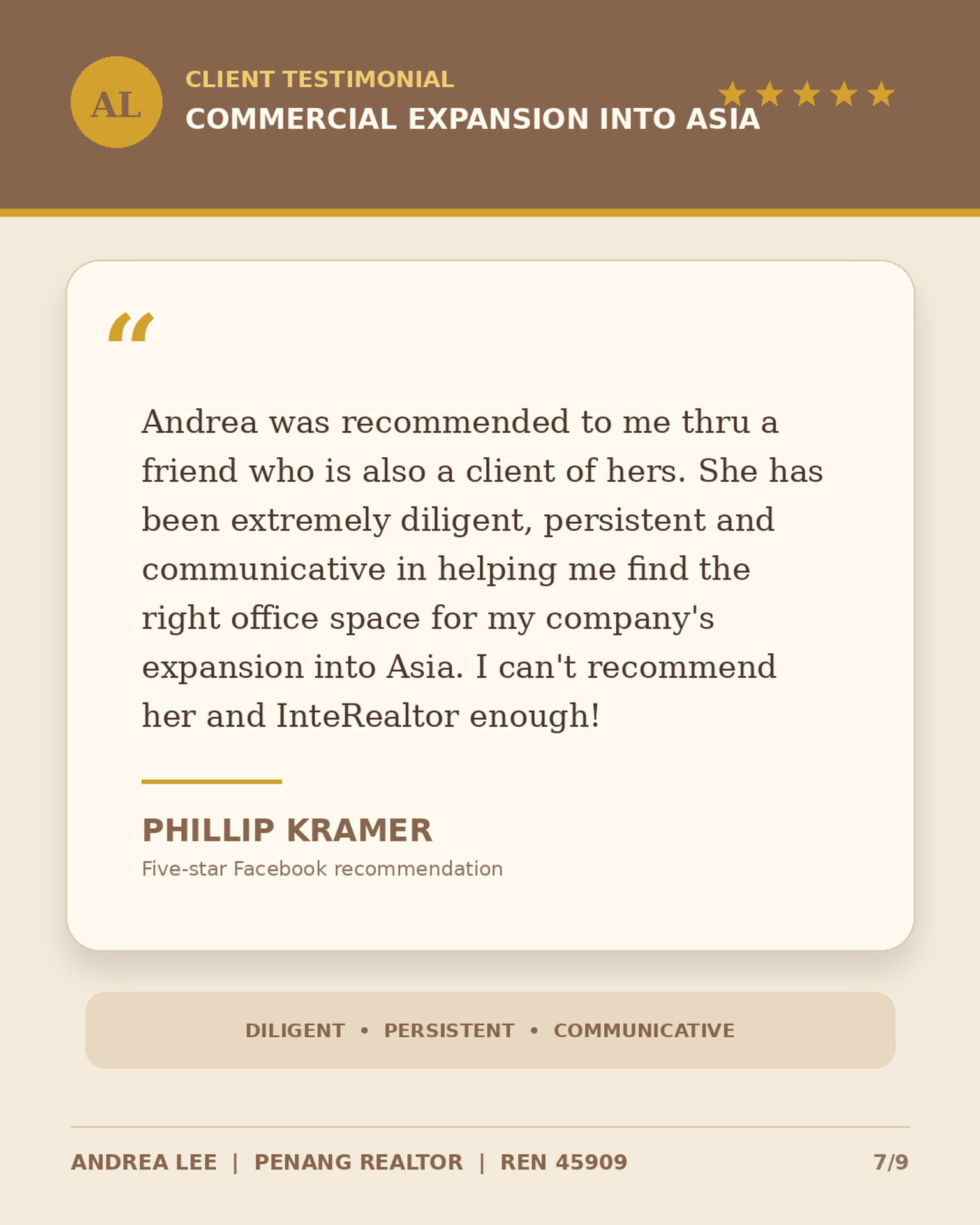 Five-star review from Phillip Kramer on commercial expansion into Asia