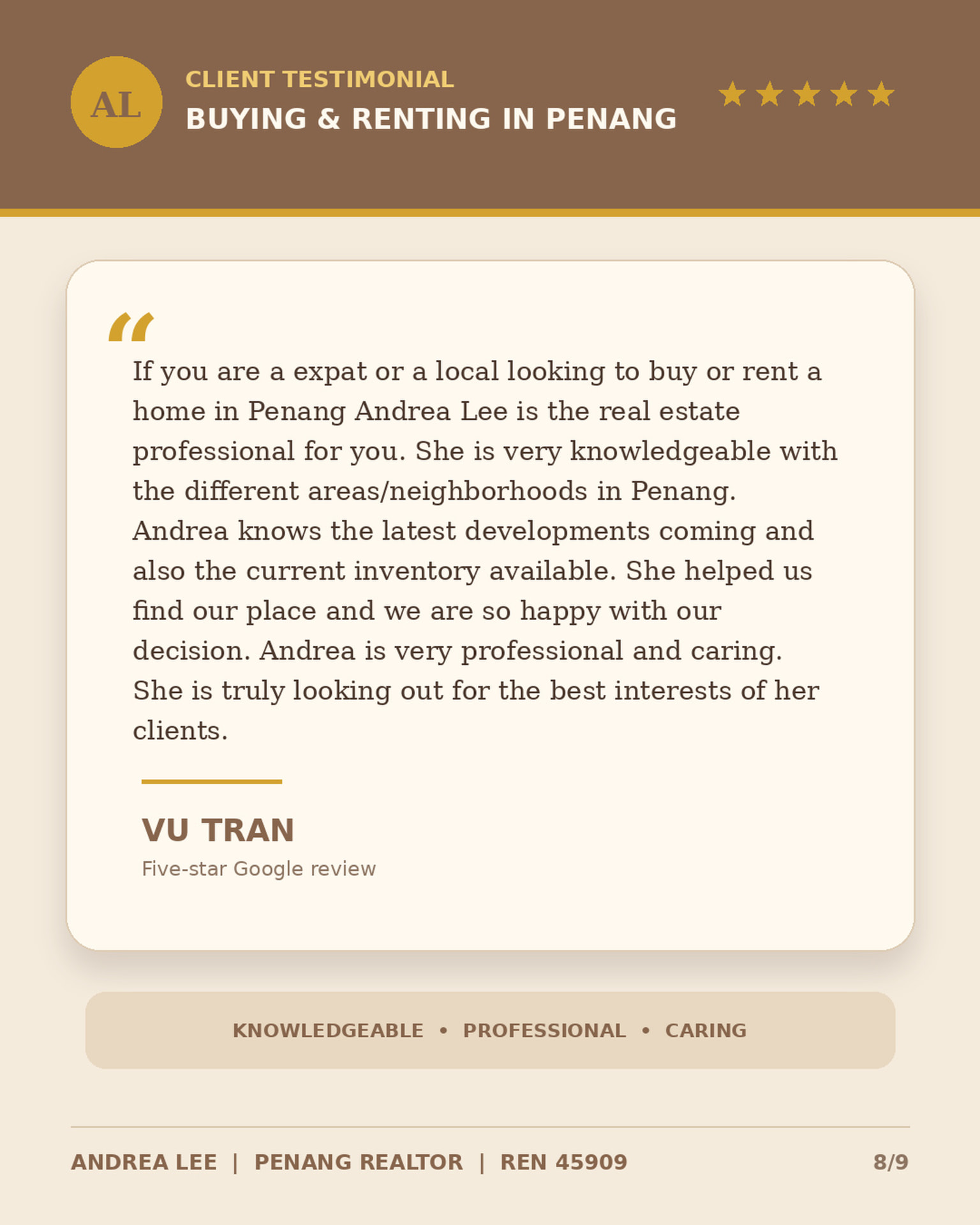 Five-star review from Vu Tran on buying and renting in Penang