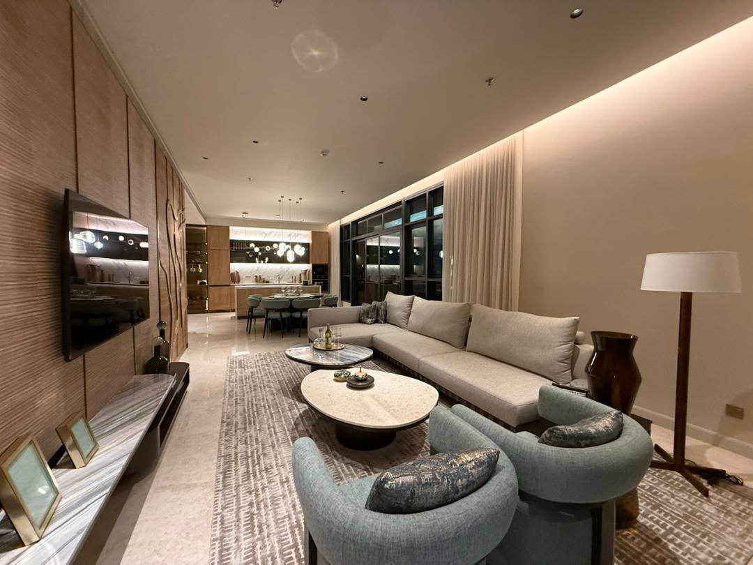 Westin Residences showroom living room with feature timber wall