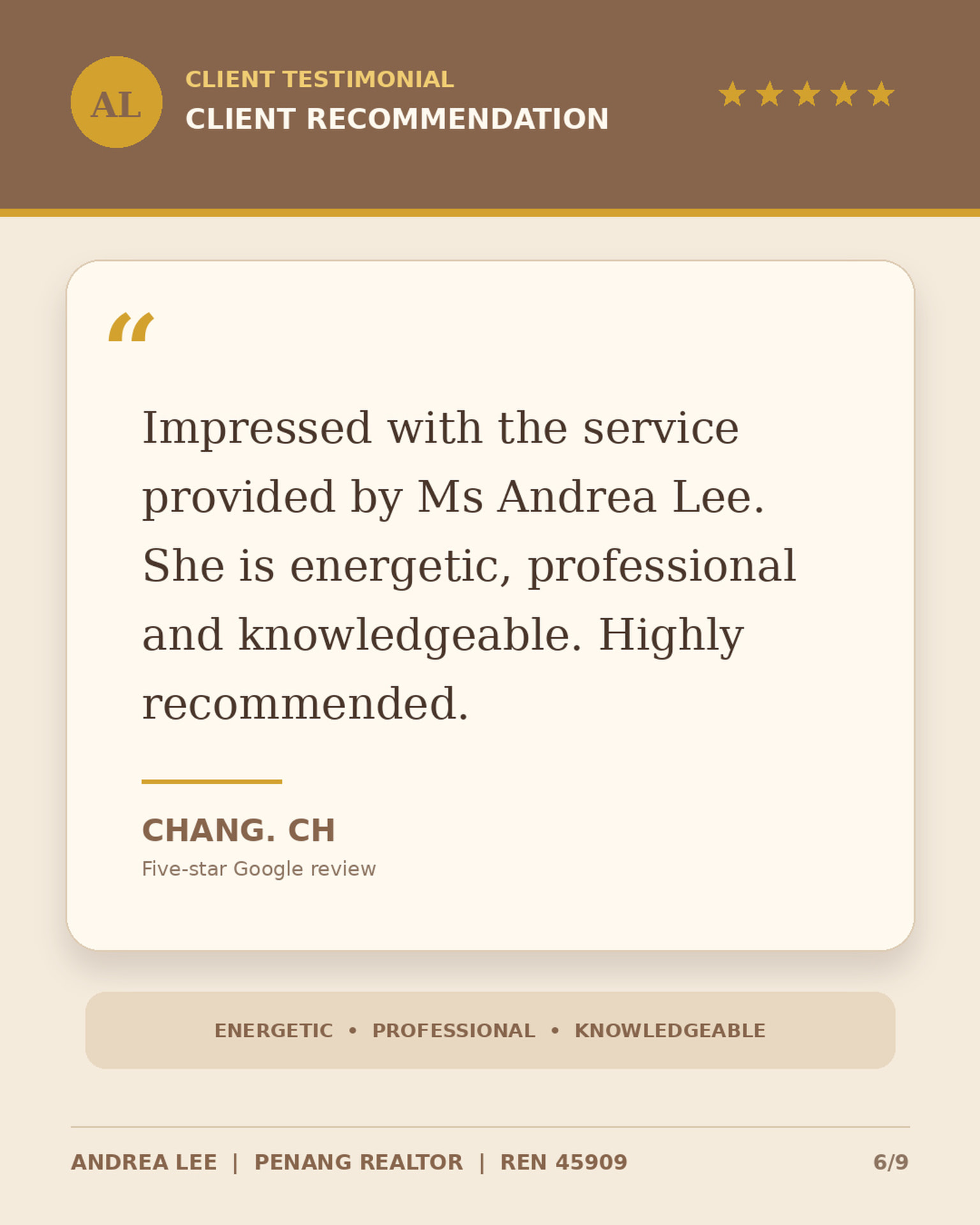 Five-star review from Chang. CH recommending Andrea Lee