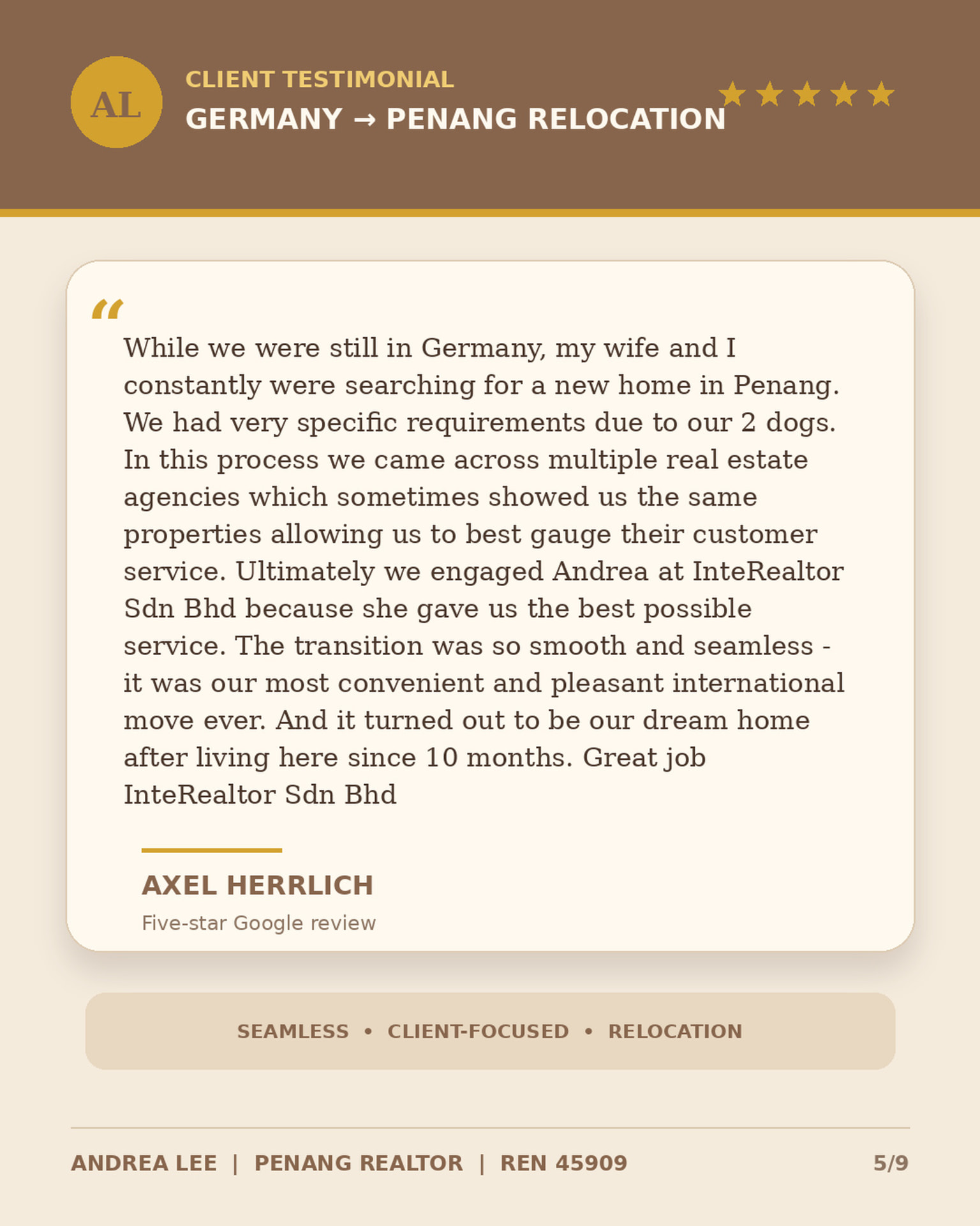 Five-star review from Axel Herrlich on relocating from Germany to Penang