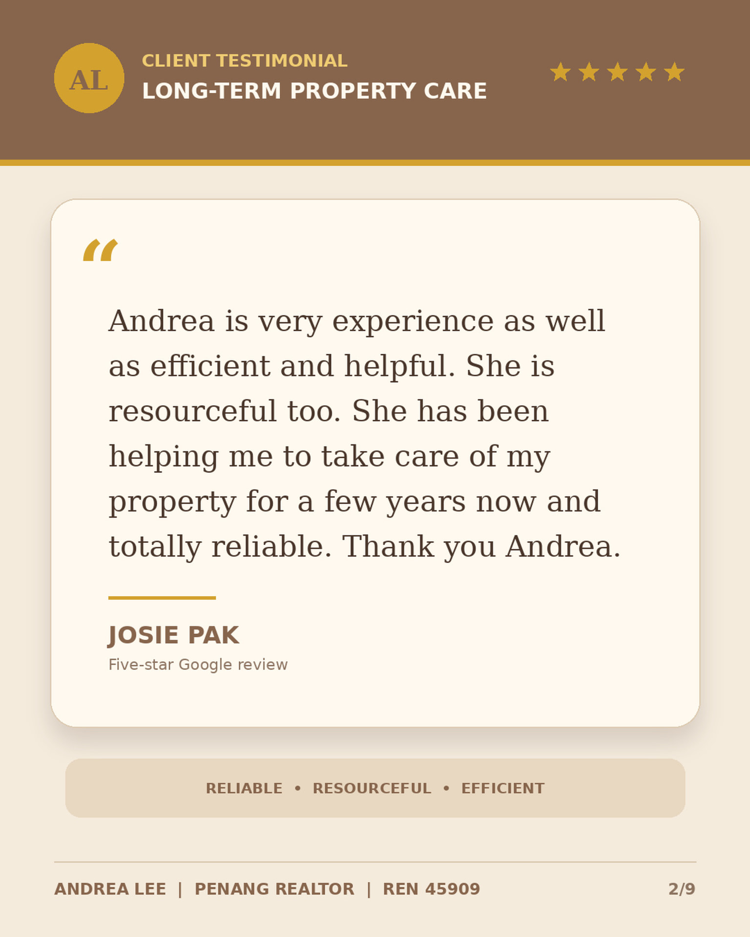 Five-star review from Josie Pak on long-term property care