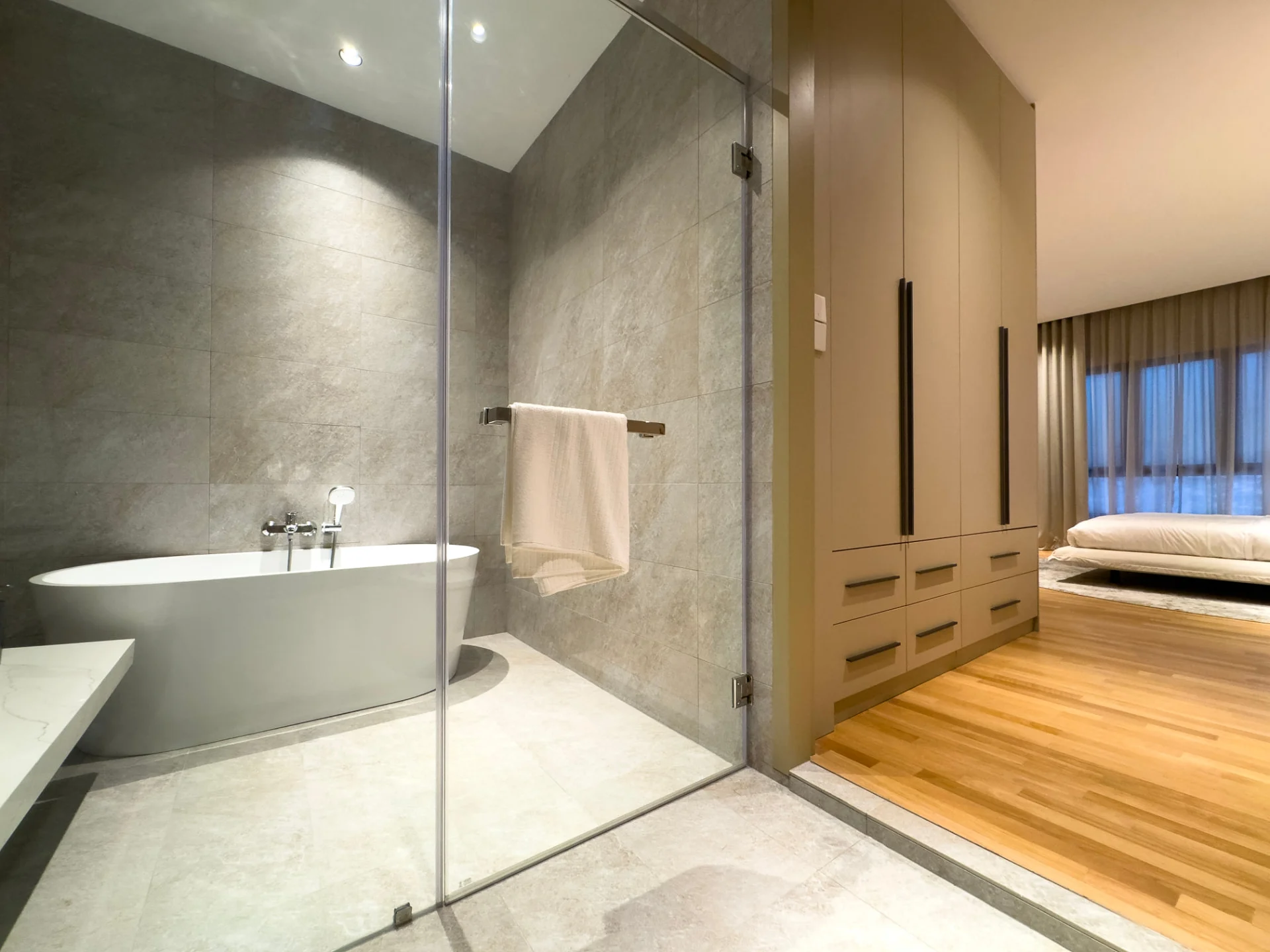Waterstone showroom master bathroom with freestanding bathtub